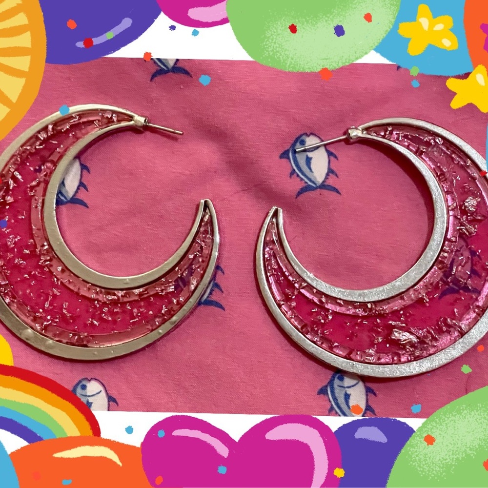 Silver and pink acrylic hoop earrings